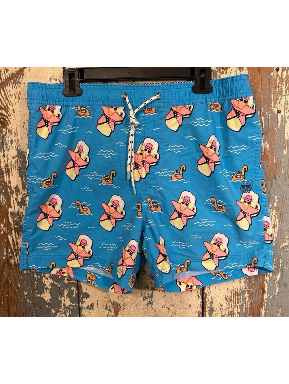 Party Pants Men's Blue Super Star Fish Swim trunks board shorts size XL
